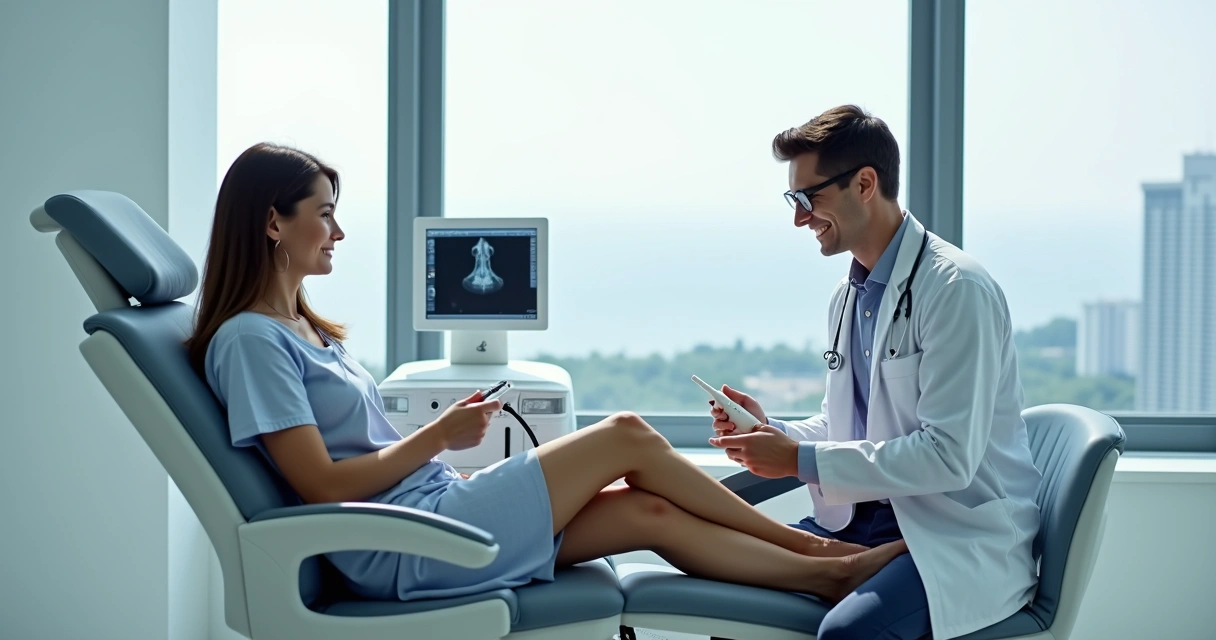 Médico vascular realizando tratamento de varizes a laser guiado por ultrassom na perna de paciente 