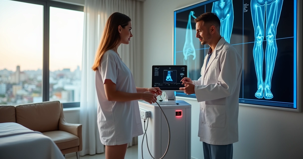 Paciente em pé durante mapeamento venoso com ecodoppler para tratamento de varizes a laser 