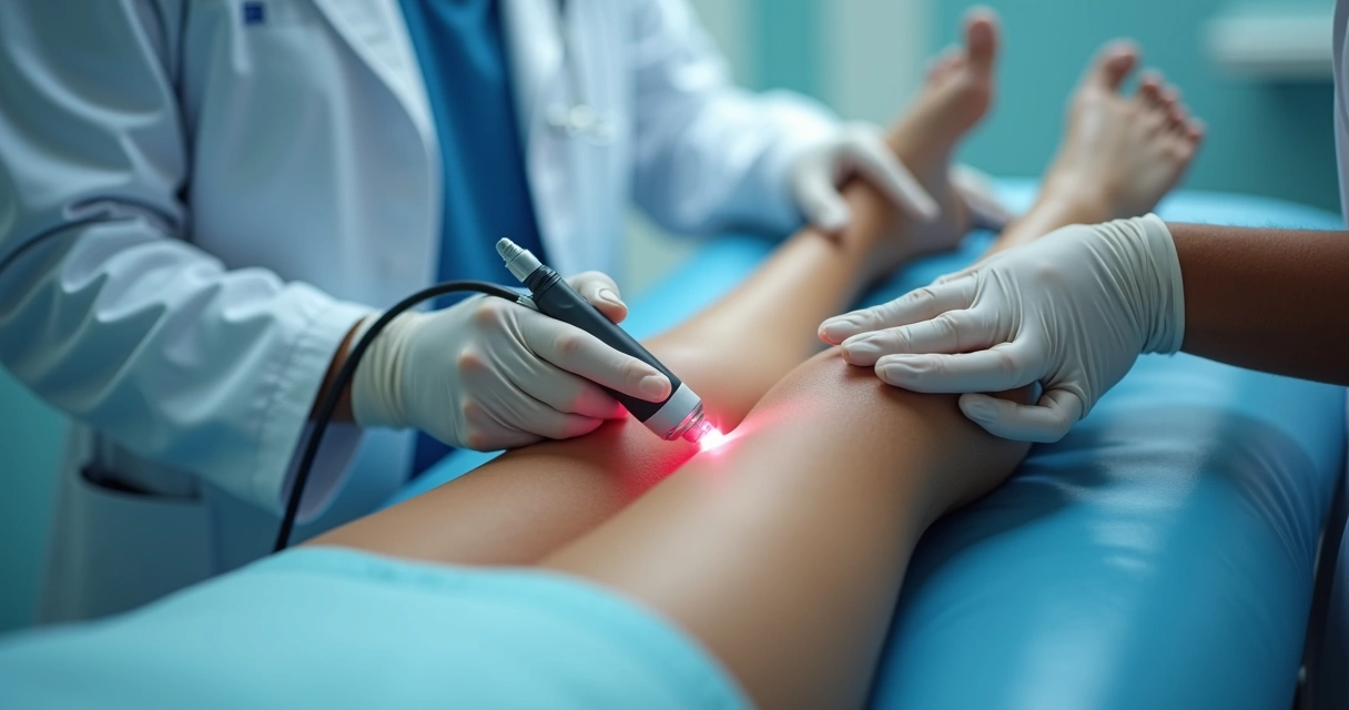 Paciente recebendo tratamento de varizes a laser guiado por ultrassom 