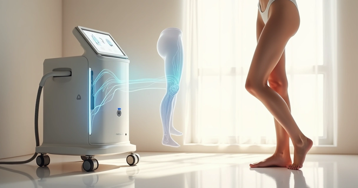 Mulher em pé em estúdio claro mostrando pernas saudáveis ao lado de representação discreta de laser vascular 