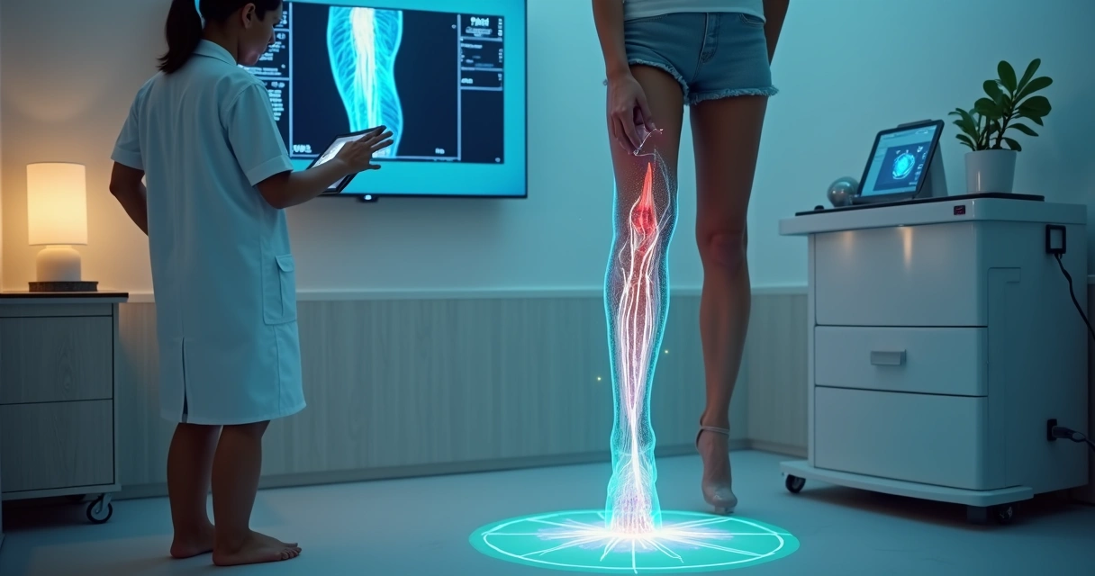 Paciente em pé em sala moderna observando mapa vascular projetado na perna com laser de realidade aumentada 