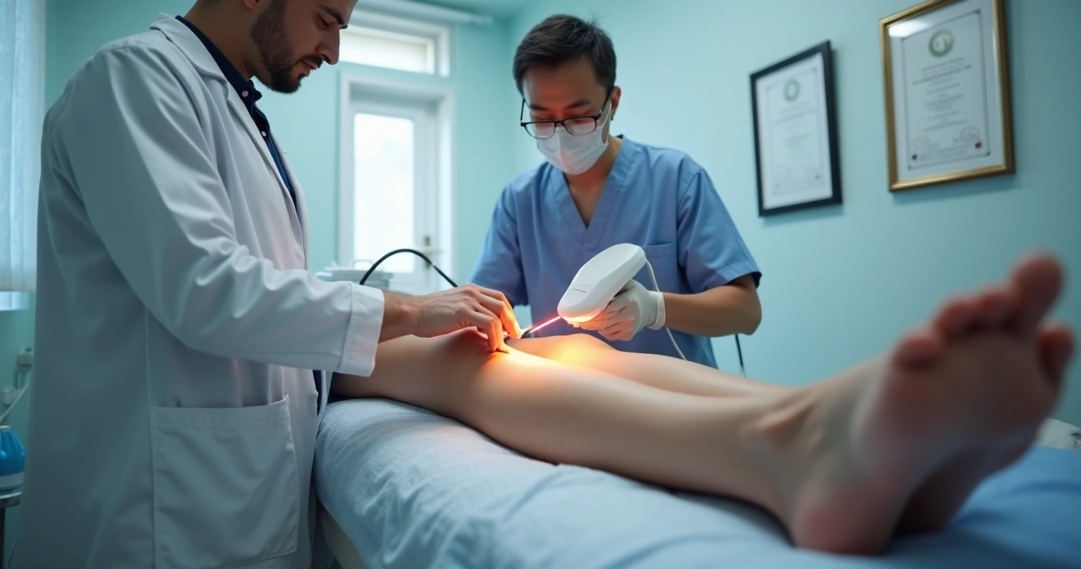 Médica aplicando laser transdérmico em paciente durante tratamento de varizes em consultório moderno 