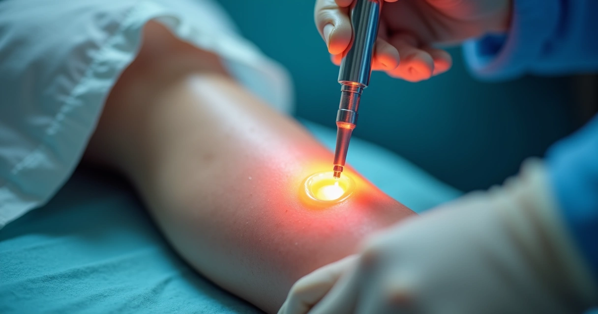 Aplicação do laser em veia durante o tratamento para varizes 