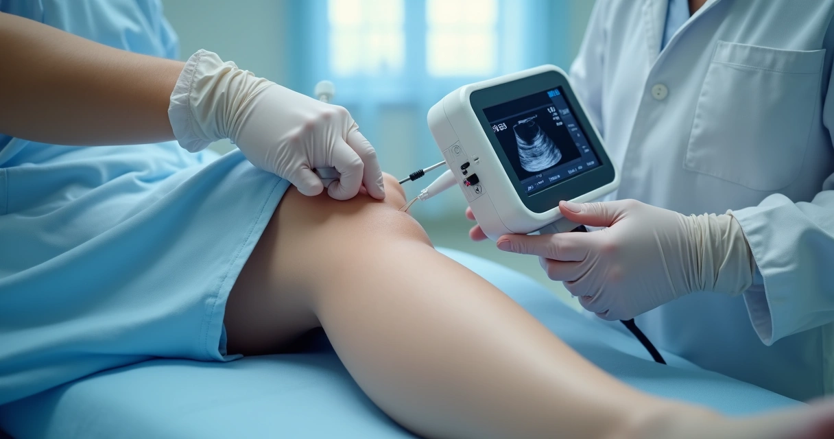 Médica realizando tratamento minimamente invasivo nas pernas de uma paciente