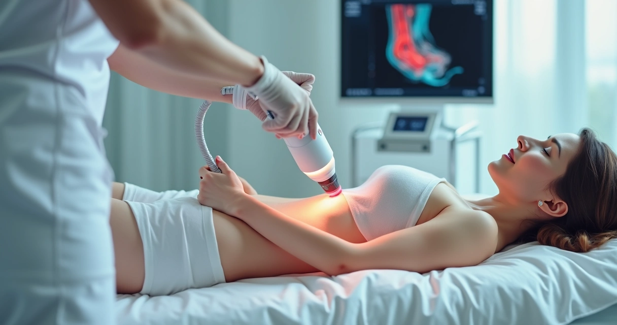 Paciente em clínica recebendo tratamento de varizes minimamente invasivo 