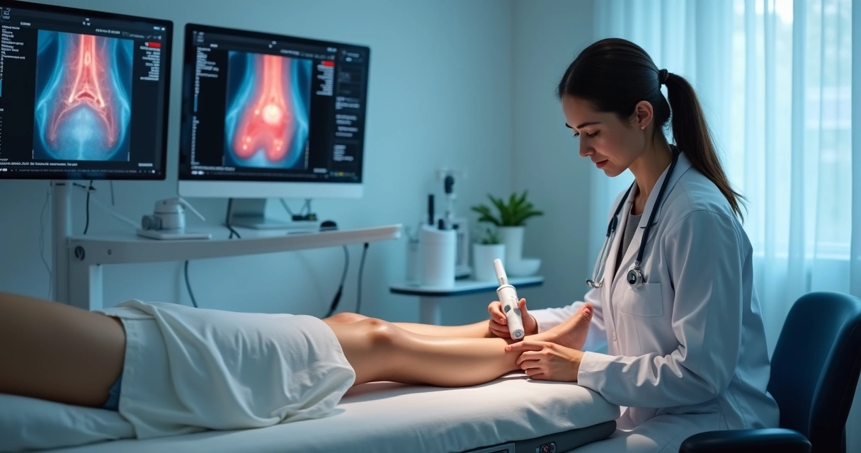 Médico utilizando equipamento de ultrassom e laser para tratar veias salientes nas pernas de um paciente em sala clínica