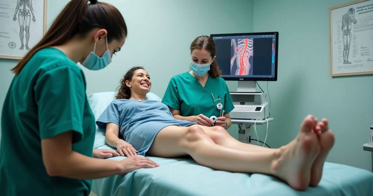 Equipe médica realizando tratamento moderno de varizes com acompanhamento de ultrassom 