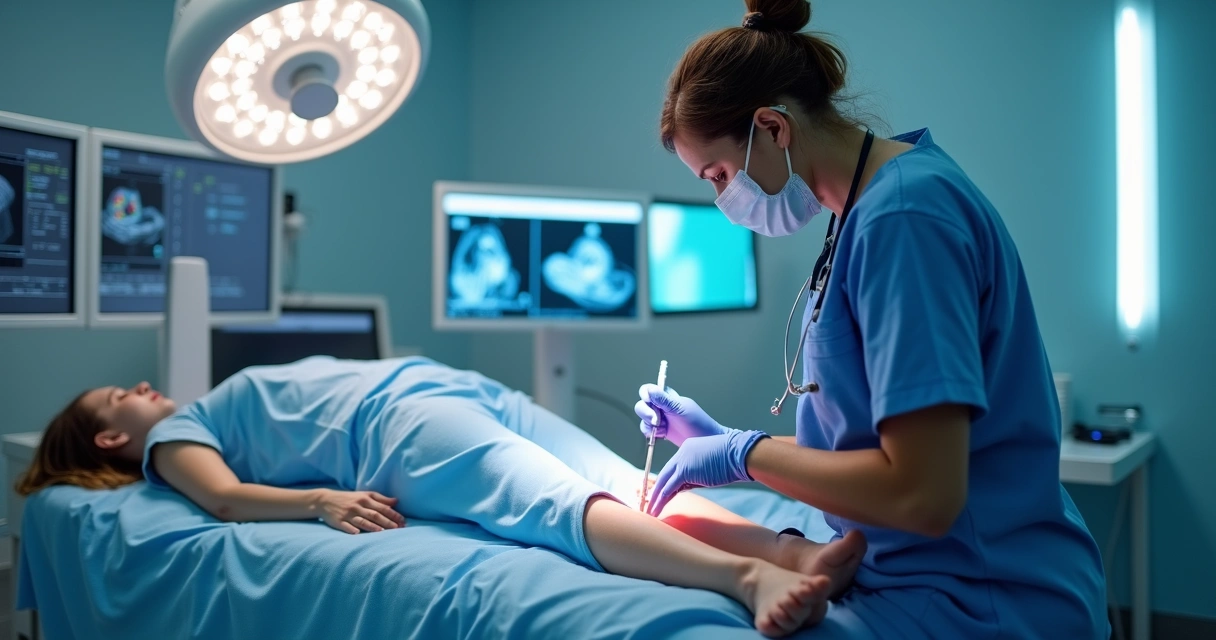 Procedimento moderno de tratamento de varizes sem cortes sendo realizado em clínica vascular 