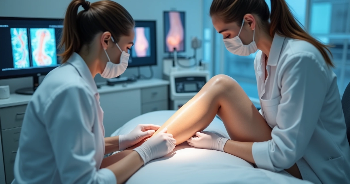 Mulher recebendo tratamento moderno de varizes numa clínica vascular 