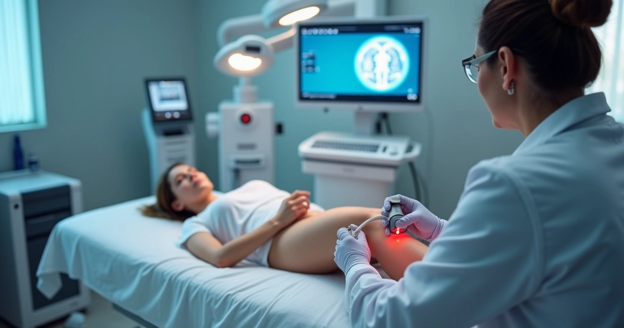 Médico utilizando laser endovenoso guiado por ultrassom em perna feminina 