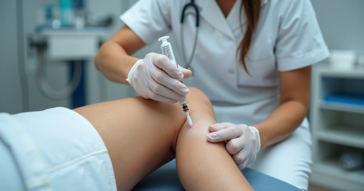 Médico realizando escleroterapia com espuma na perna de paciente 