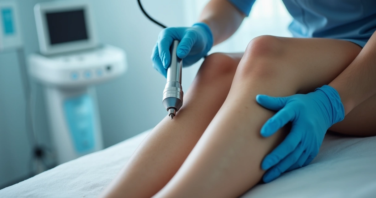Médico aplica tratamento em paciente com varizes nas pernas. 