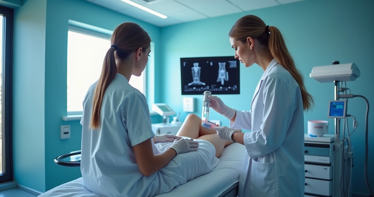 Procedimento de varizes sendo realizado com laser endovenoso em ambiente clínico moderno 