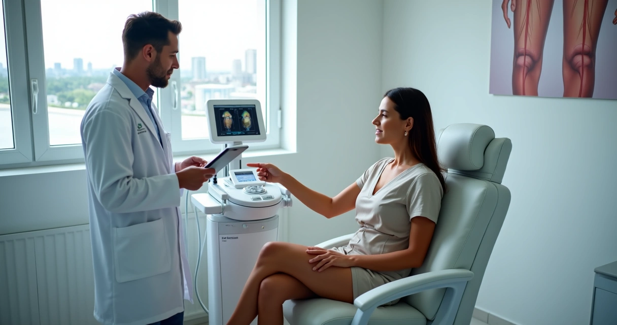 Mulher mostrando pernas em consultório vascular moderno em Salvador 