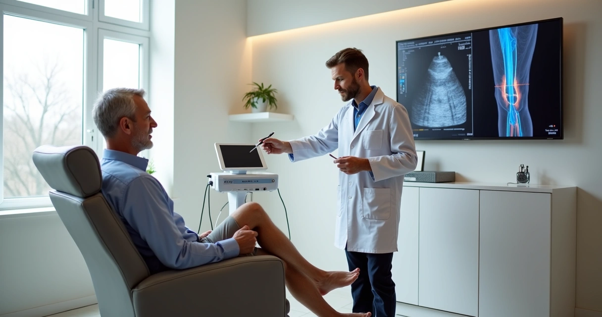 Homem e médica vascular analisando exame de pernas em tela digital 