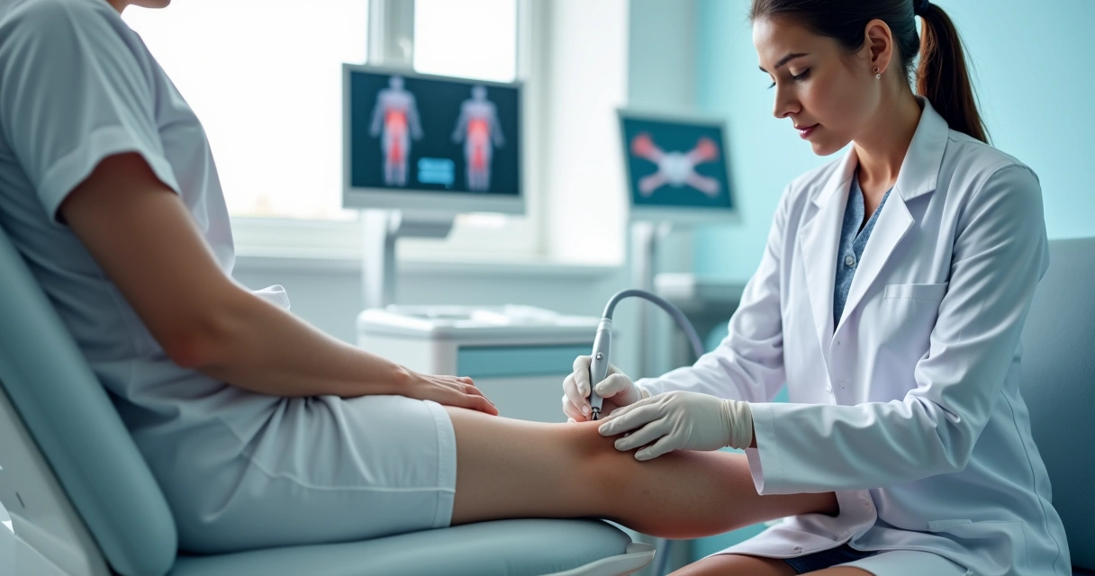 Paciente recebendo tratamento de varizes sem cortes com tecnologia avançada em clínica moderna 