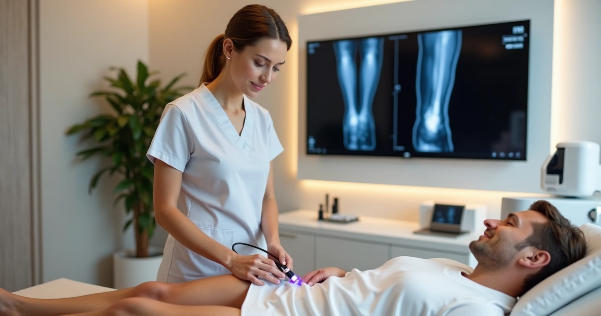 Paciente deitada em maca moderna recebendo tratamento de varizes com laser em clínica elegante 