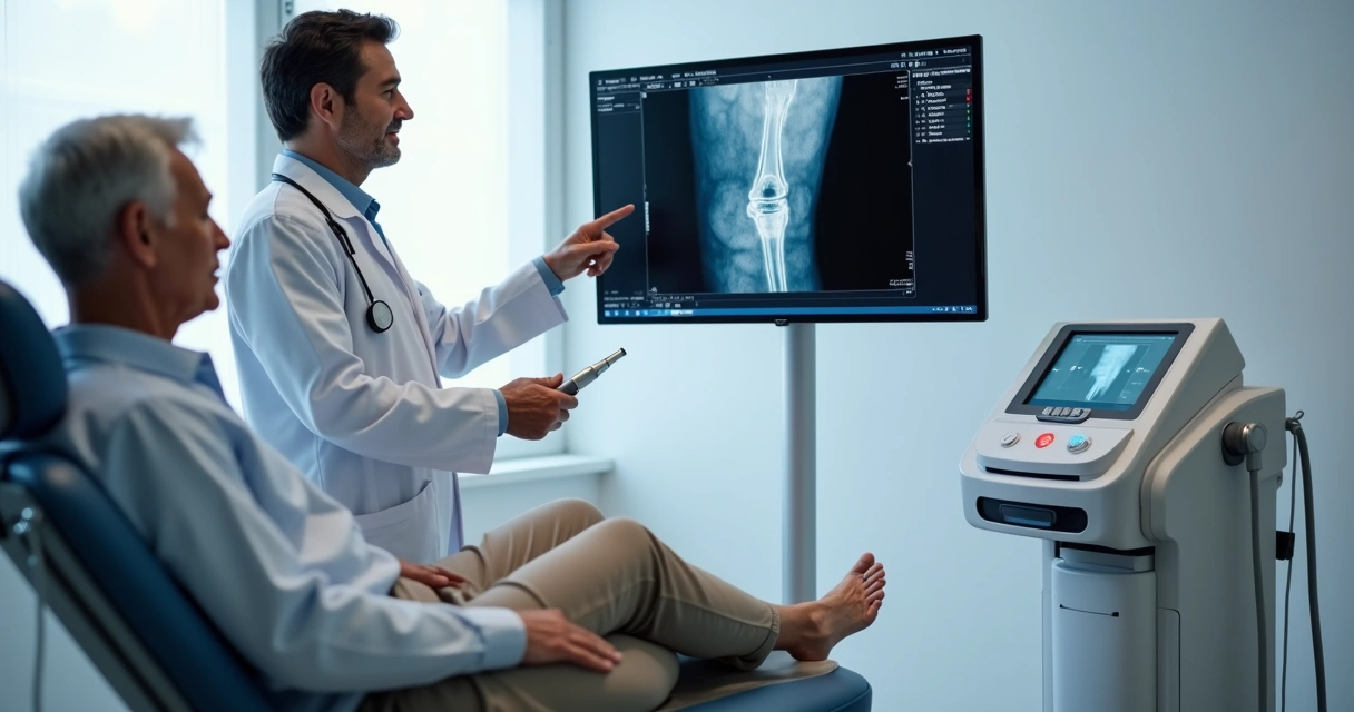 Médico vascular examinando perna com varizes usando ultrassom antes de tratamento a laser 