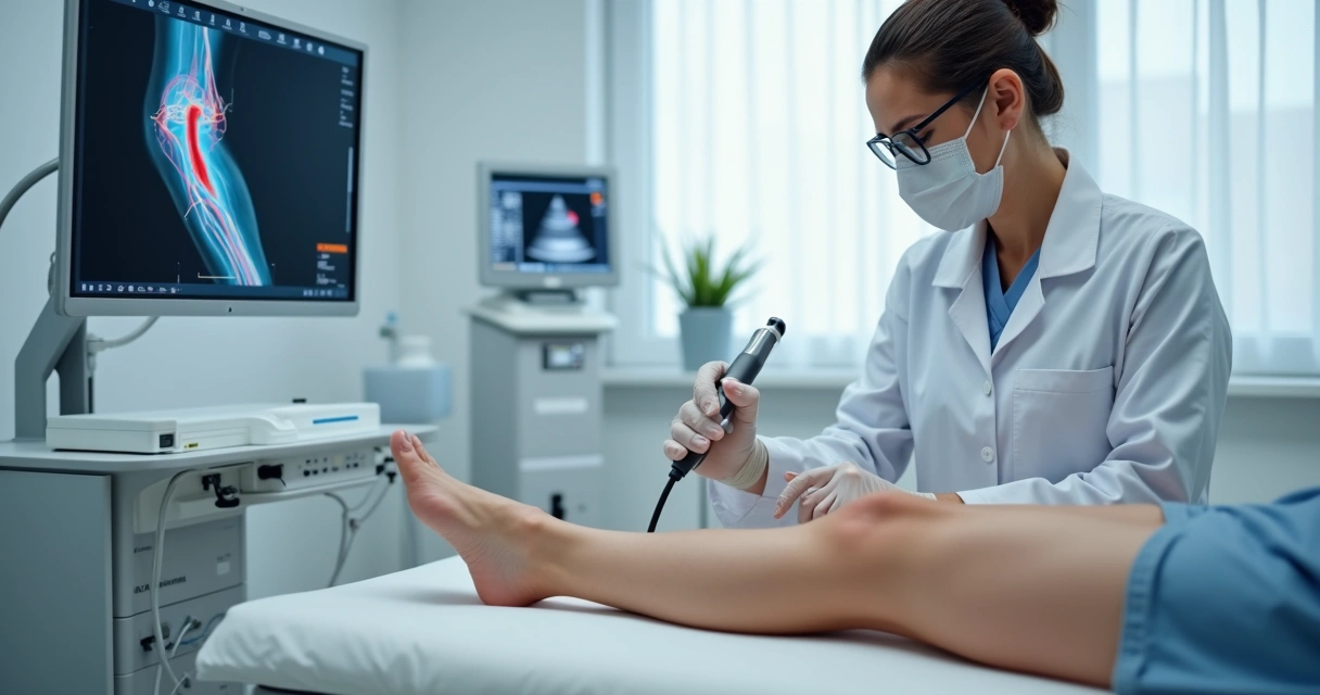 Médico vascular aplicando laser em perna com varizes em clínica moderna 