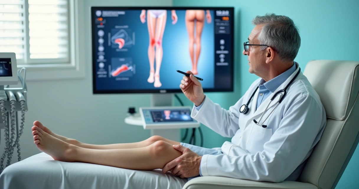 Médico vascular explicando tratamento de varizes com técnica moderna para paciente em consultório 