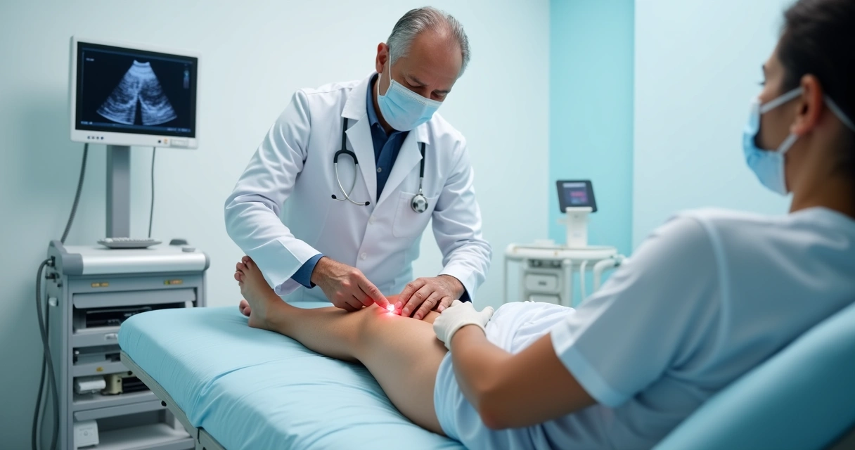 Médico vascular em consultório aplicando laser nas pernas de paciente adulta para tratamento de varizes 