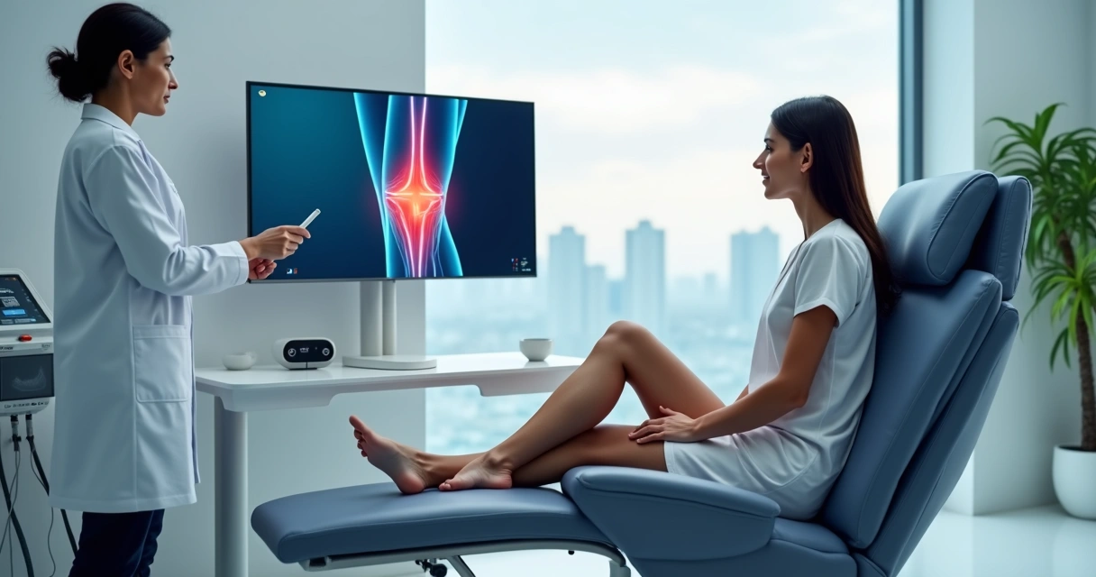 Médica vascular explicando tratamento moderno de varizes em Campinas para paciente em consultório tecnológico 