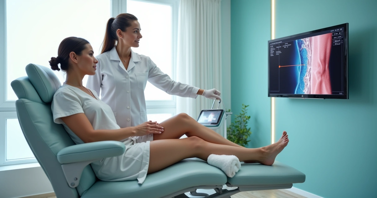 Sala de procedimento vascular moderna com médica e paciente mostrando tratamento a laser nas pernas 