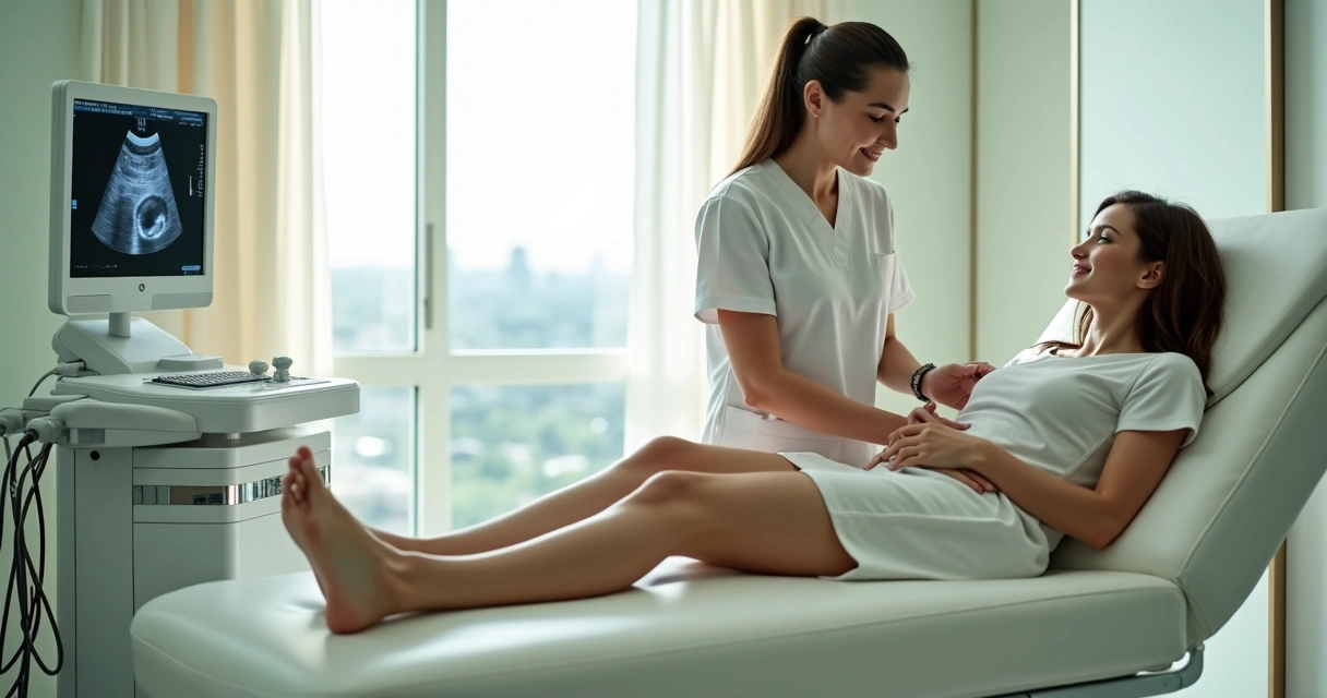 Mulher em clínica moderna recebendo tratamento a laser para varizes na perna com médico usando ultrassom 