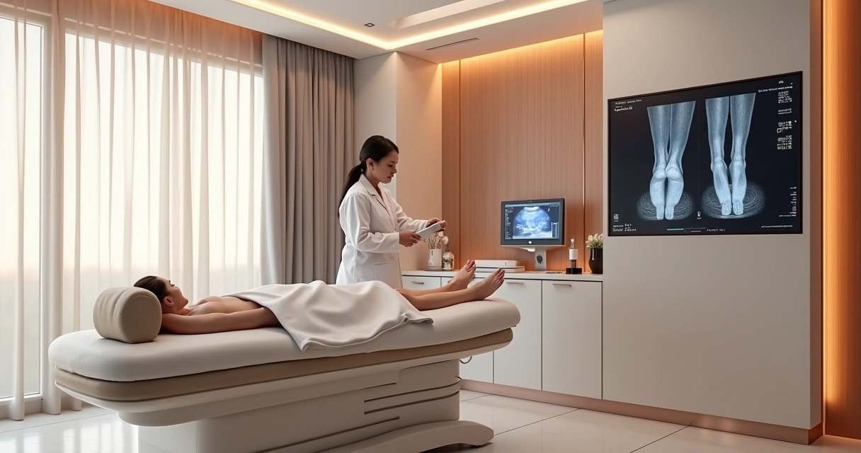 Sala de procedimento vascular futurista com tela de ultrassom mostrando veias e médico preparando aparelho de endolaser 