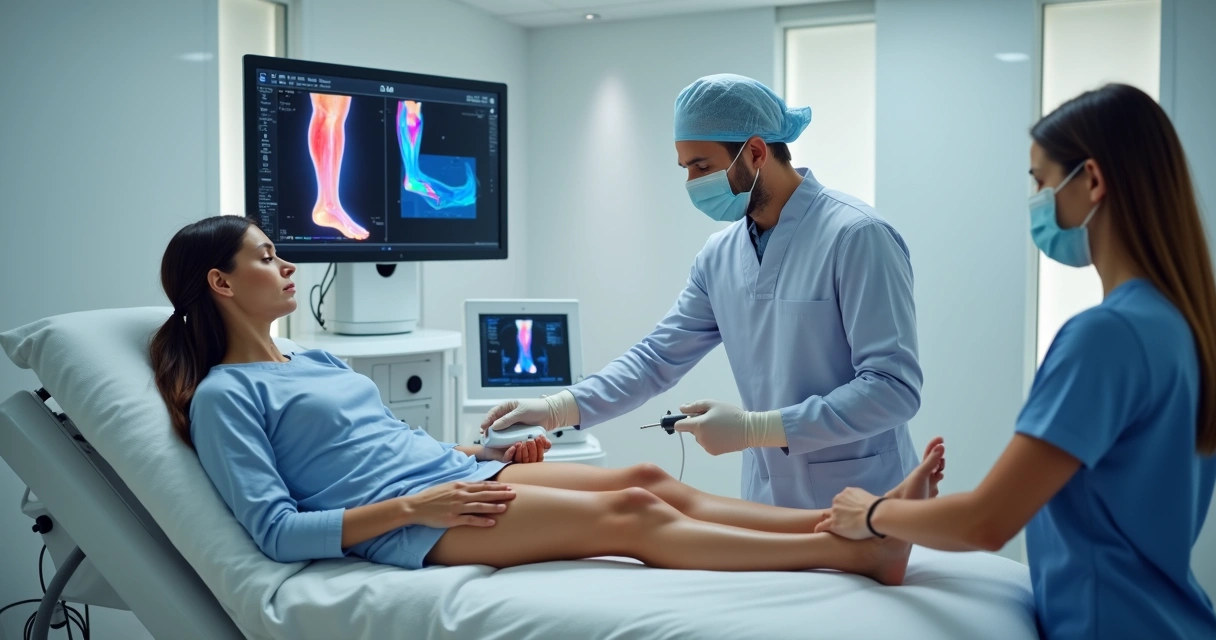 Médico aplicando laser em perna com varizes em clínica vascular moderna 