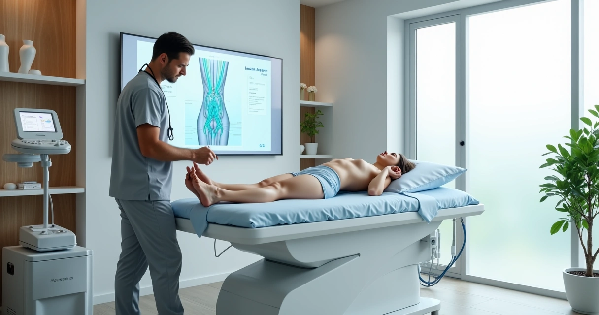 Profissional ajustando equipamento a laser ao lado de paciente com pernas cobertas em maca de clínica vascular moderna 