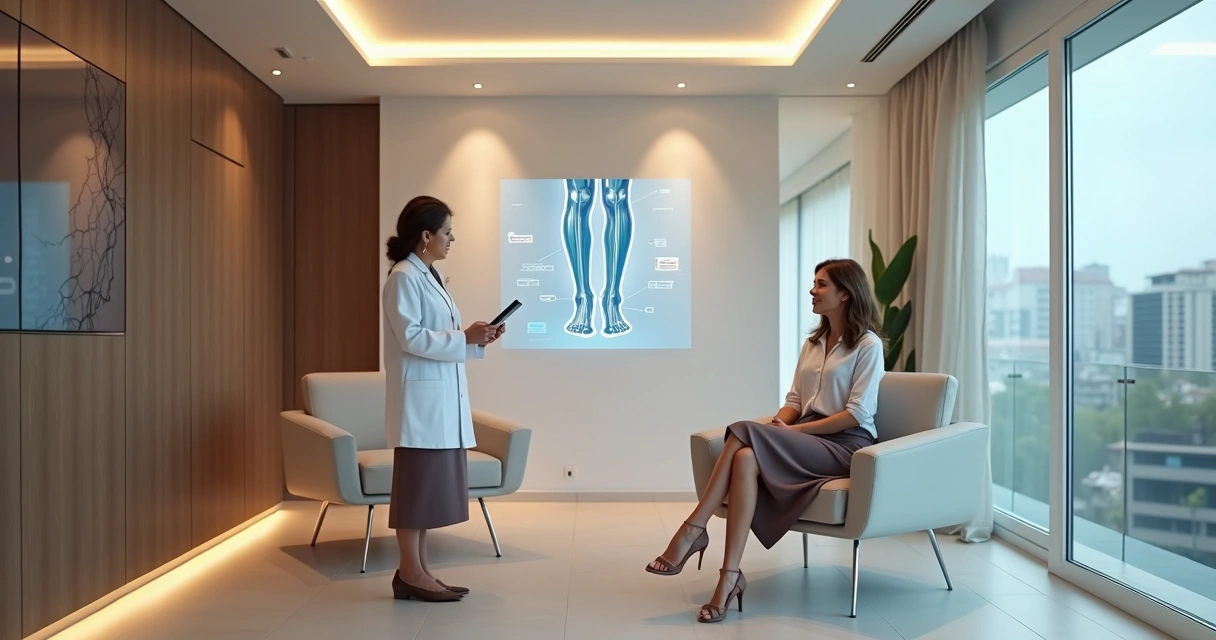 Médico vascular e paciente analisando holograma de veias das pernas em clínica moderna 