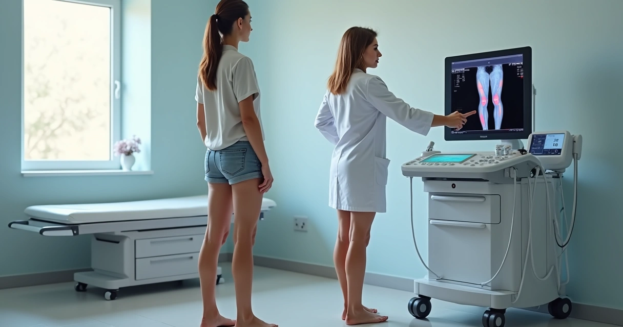 Paciente mulher em pé com médico vascular mostrando exame de varizes em tela com ultrassom e laser 