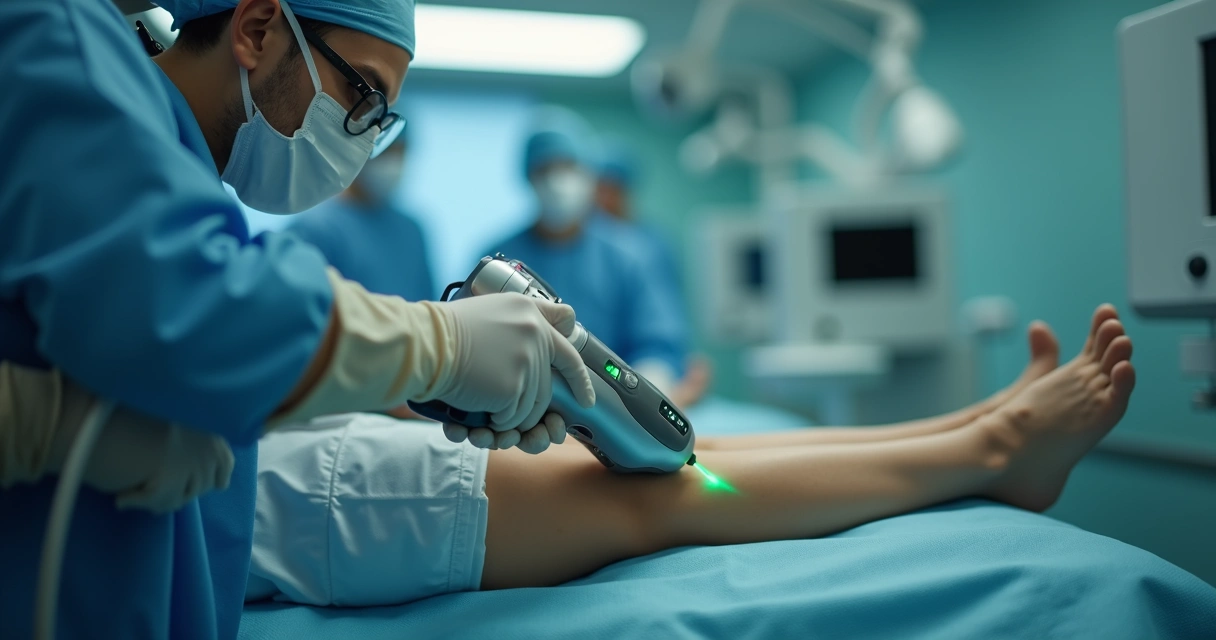 Laser verde tratado perna com dispositivo médico 