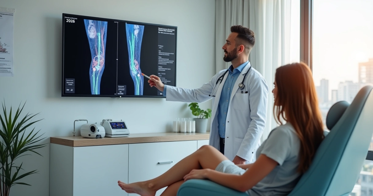 Médico vascular em Anápolis explicando tratamento moderno de varizes a paciente em consultório tecnológico 