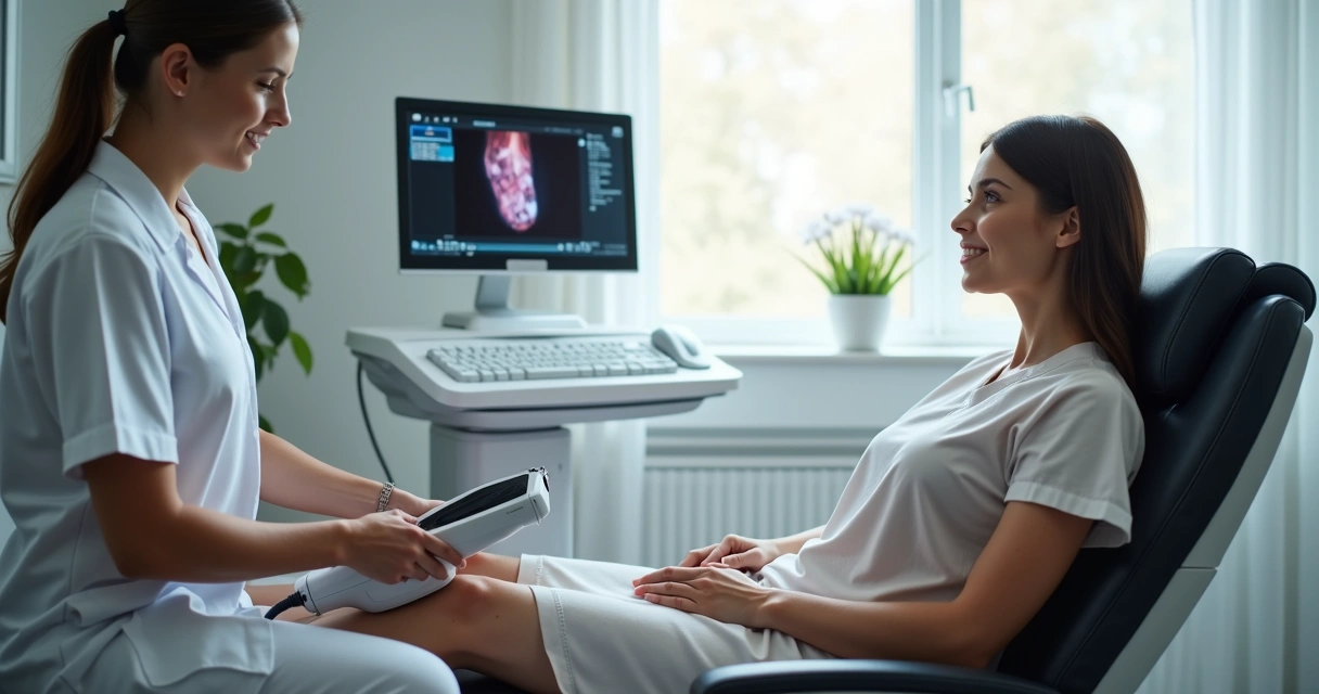 Paciente recebendo exame vascular com médico utilizando ultrassom de alta tecnologia em clínica moderna 