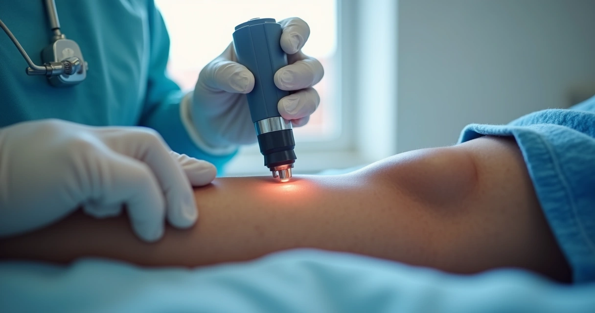 Profissional de saúde realizando tratamento de varizes a laser em perna de paciente 