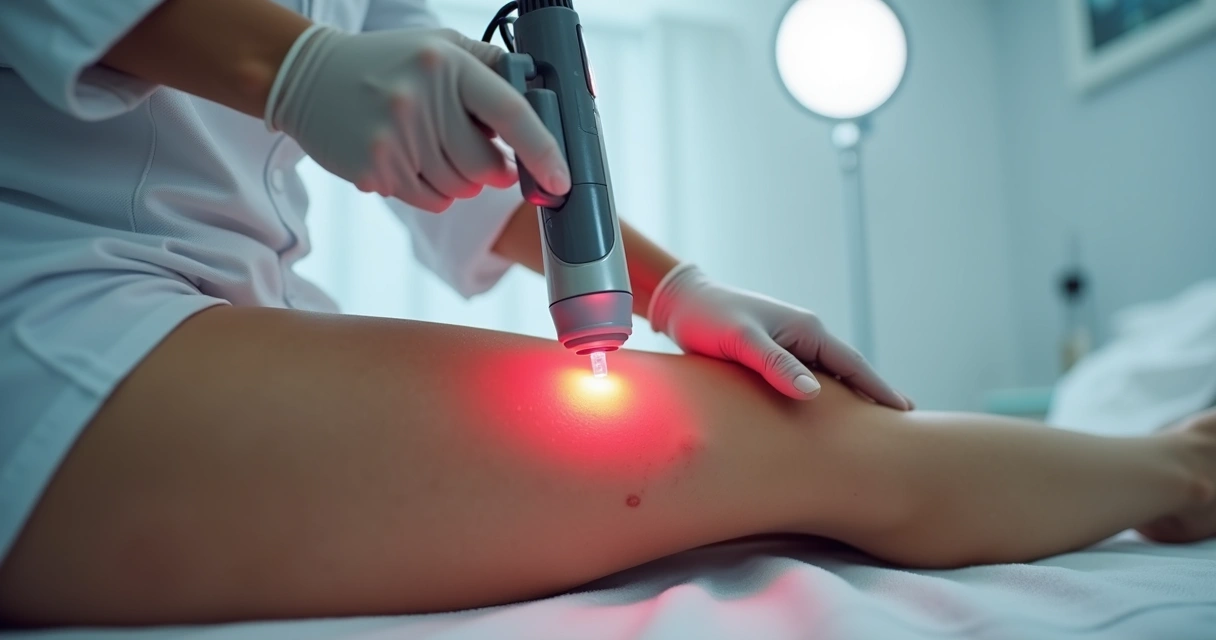 Paciente recebendo tratamento a laser para vasinhos nas pernas