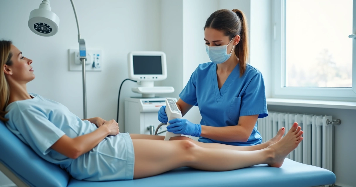 Paciente deitada recebendo tratamento vascular com laser em clínica moderna de Campinas 