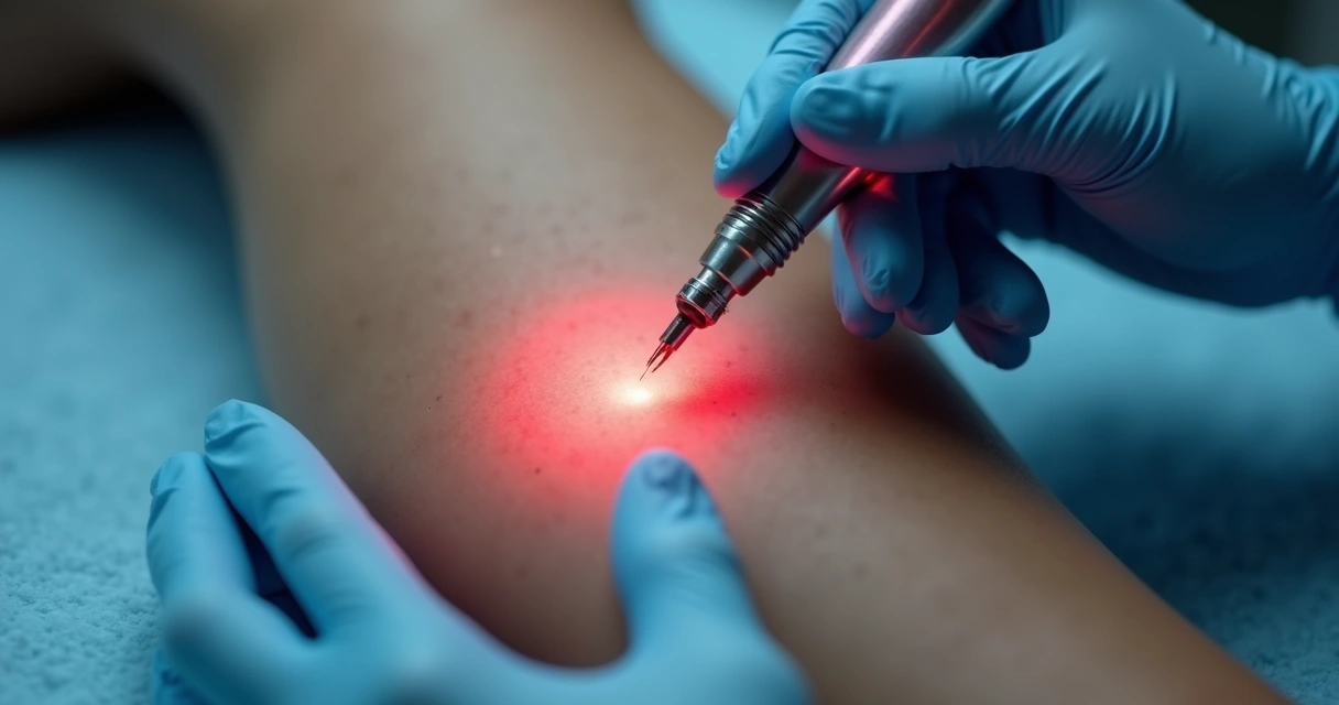 Laser sendo aplicado em vasinhos da perna por profissional glovedo 