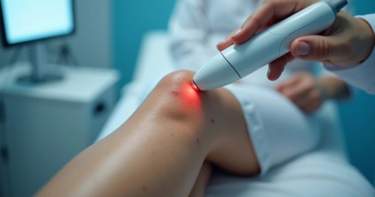 Aplicação de laser transdérmico para vasinhos nas pernas. 