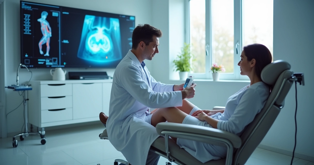 Aplicação de laser vascular nas pernas feita por profissional especializado. 