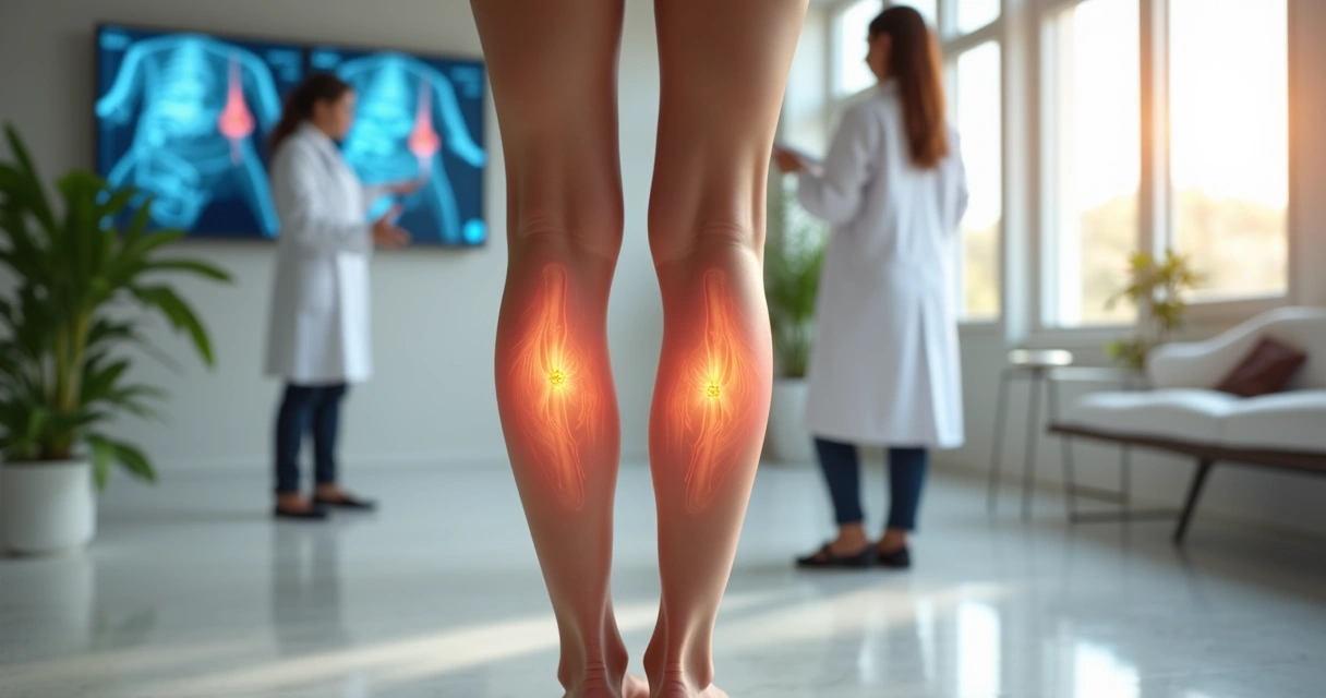 Pernas femininas mostrando vasinhos visíveis com médico vascular explicando opções de tratamento moderno em consultório iluminado 