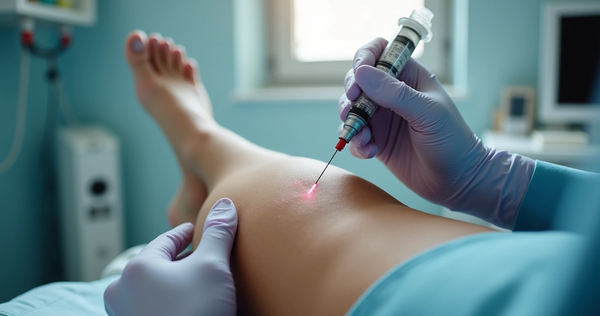 Profissional aplicando escleroterapia em perna de paciente com vasinhos 