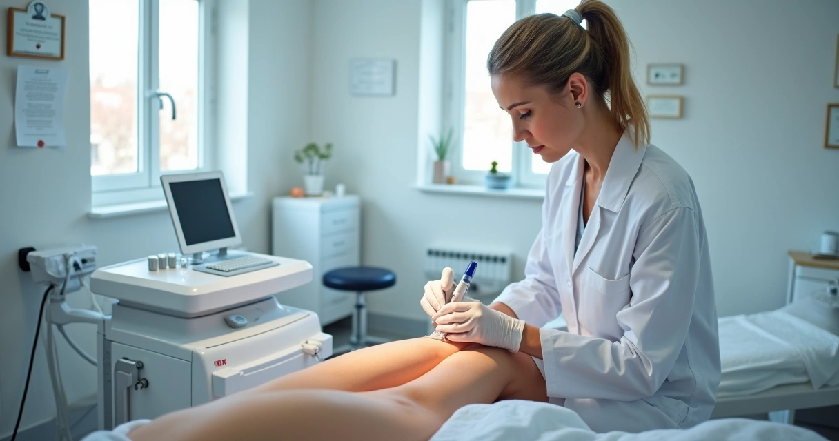 Médica realizando tratamento moderno em perna com vasinhos 
