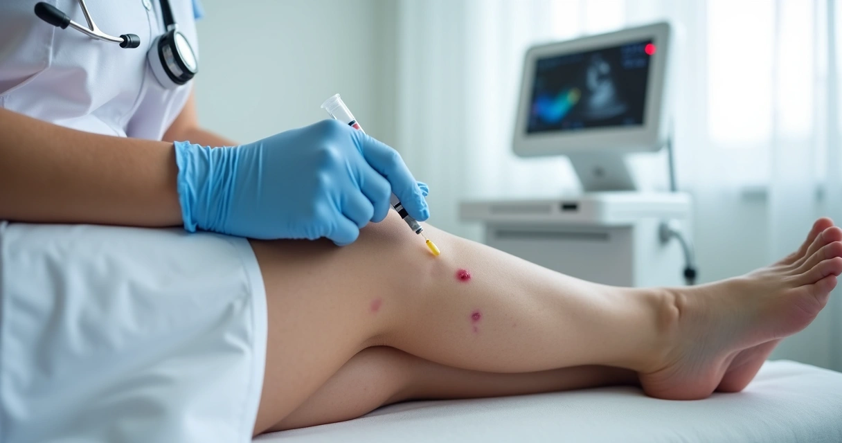 Médico vascular avaliando vasinhos nas pernas de paciente em clínica moderna 