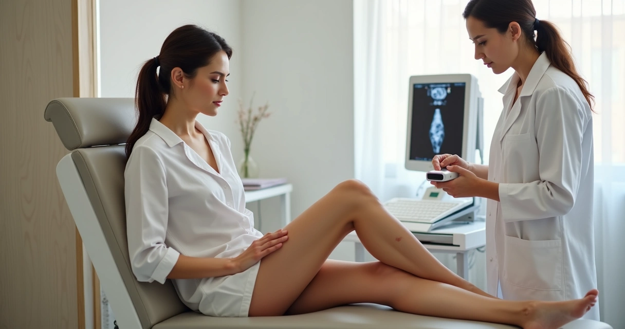 Médica avaliando vasinhos nas pernas de paciente em clínica vascular moderna 