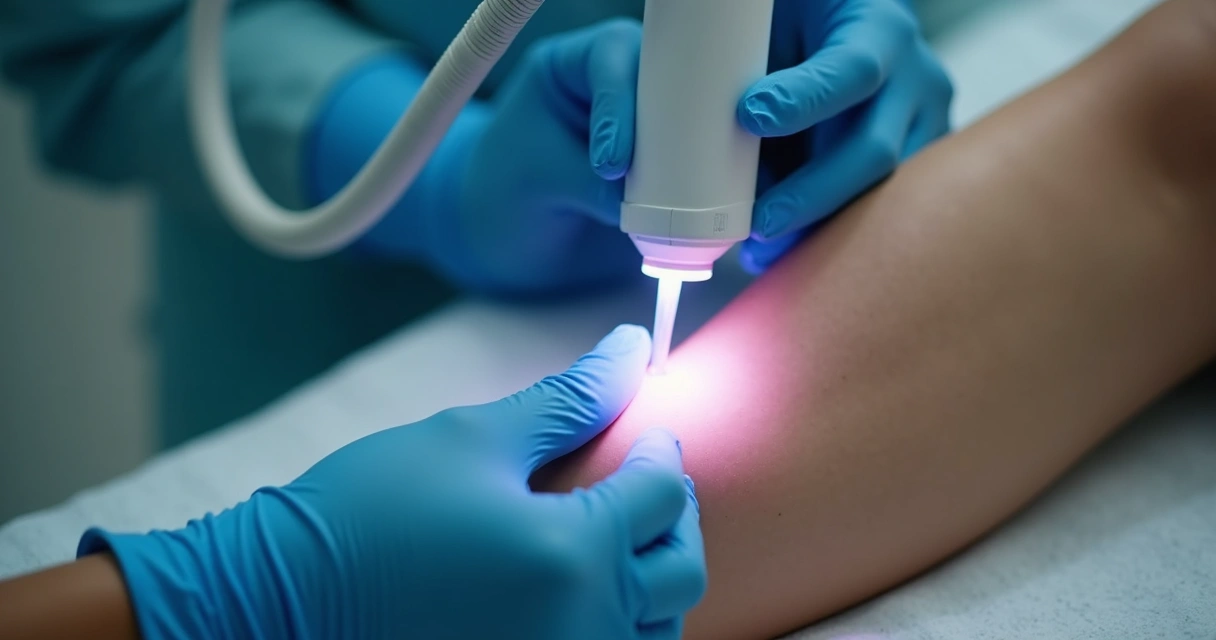 Profissional realiza tratamento a laser em vasinhos visíveis nas pernas. 