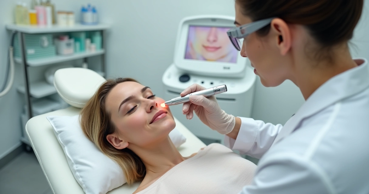 Dermatologista aplicando laser suave em vasinhos no rosto de paciente mulher 