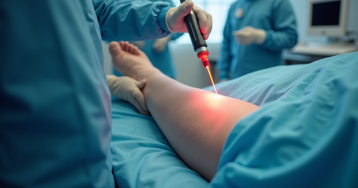 Procedimento de laser para tratamento de veia safena com equipamento moderno 